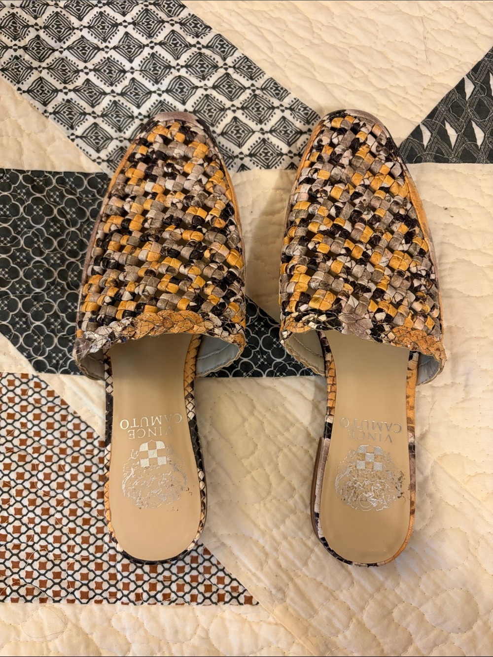 Vince Camuto-Pandie Woven Yellow Snakeskin Mule Leather Shoes